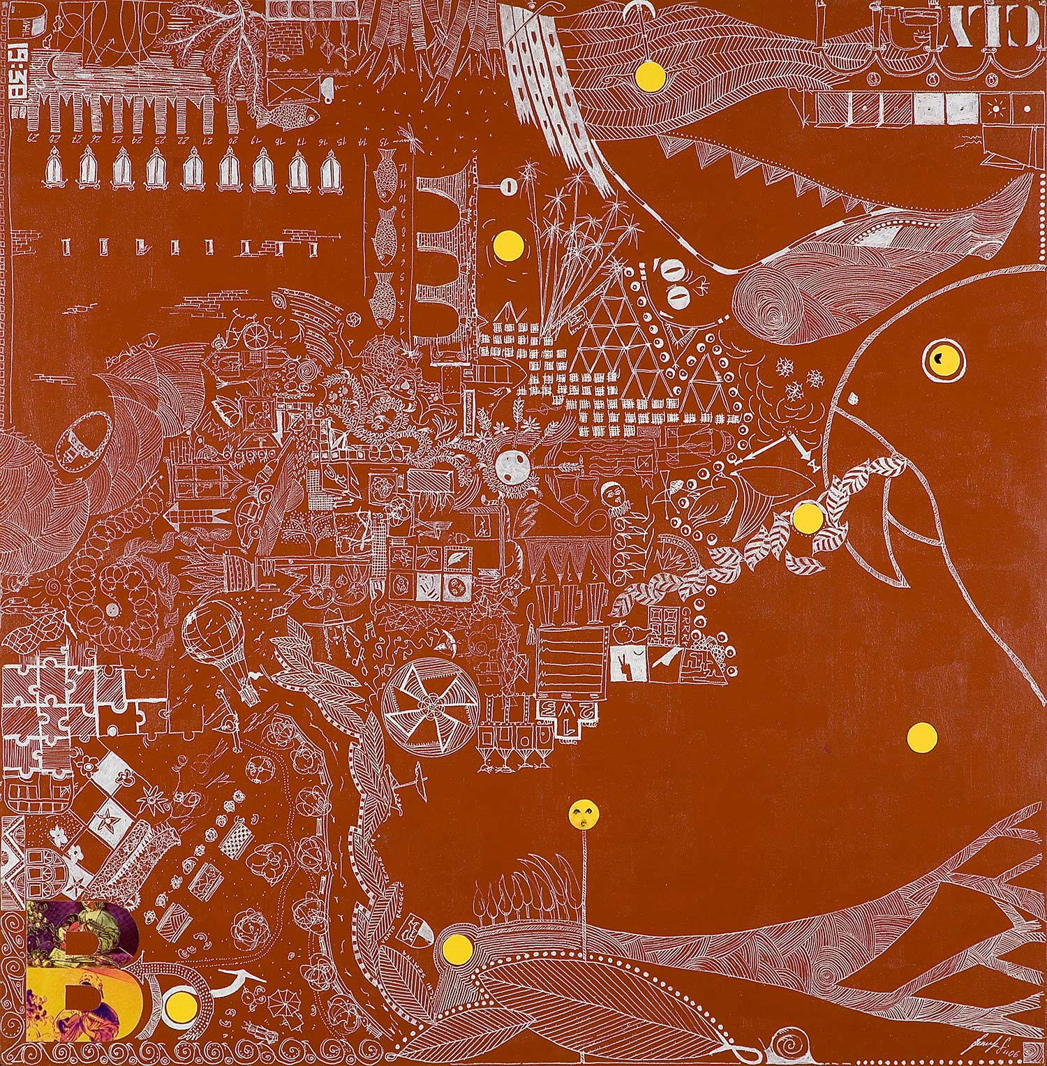 FABULA IN ARANCIO DI MARTE olio acrilio collage dim 61 x 62 anno 2006
