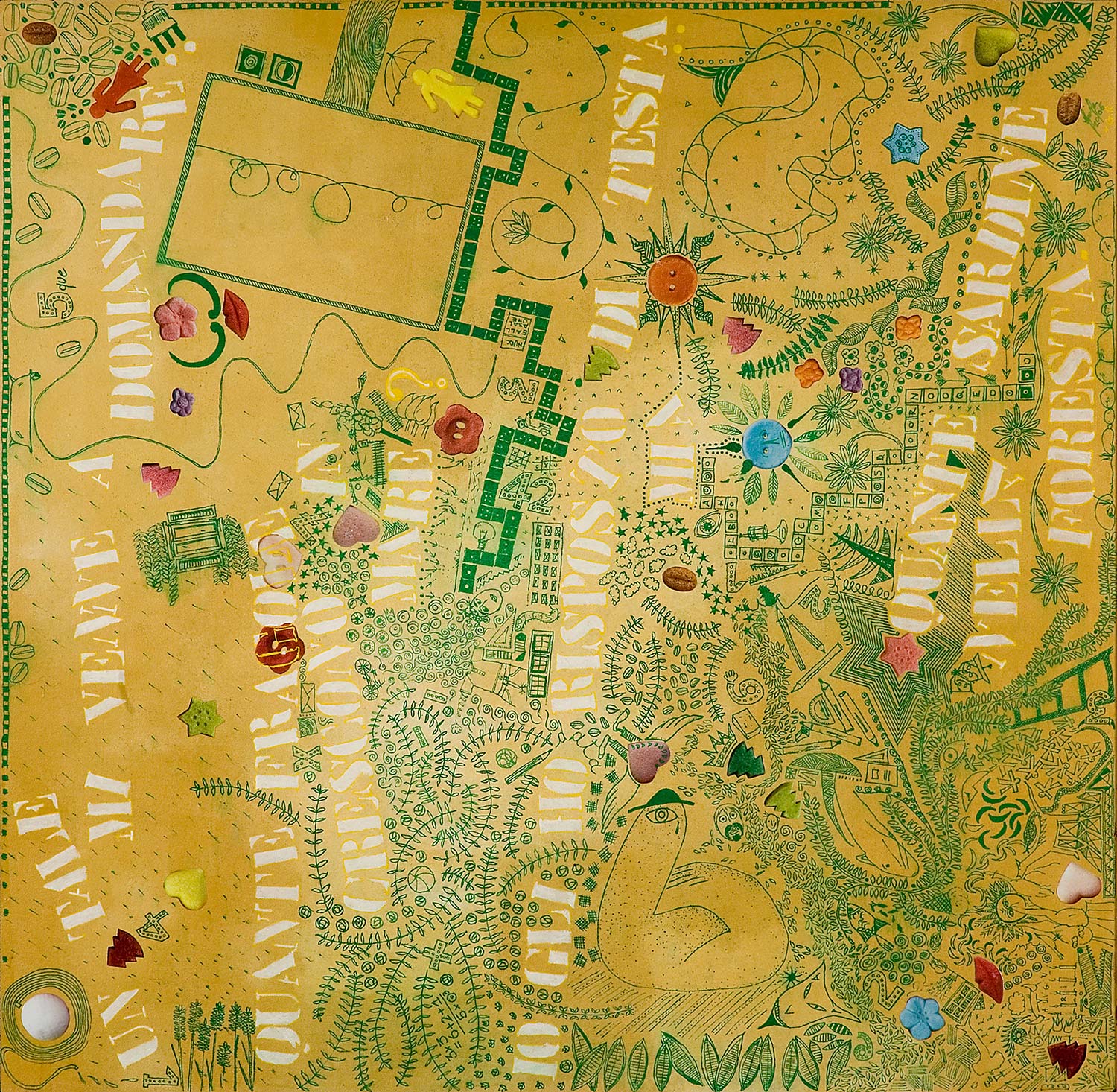 FABULA IN GIALLO olio acrilico collage dim 61 x 62 anno 2006