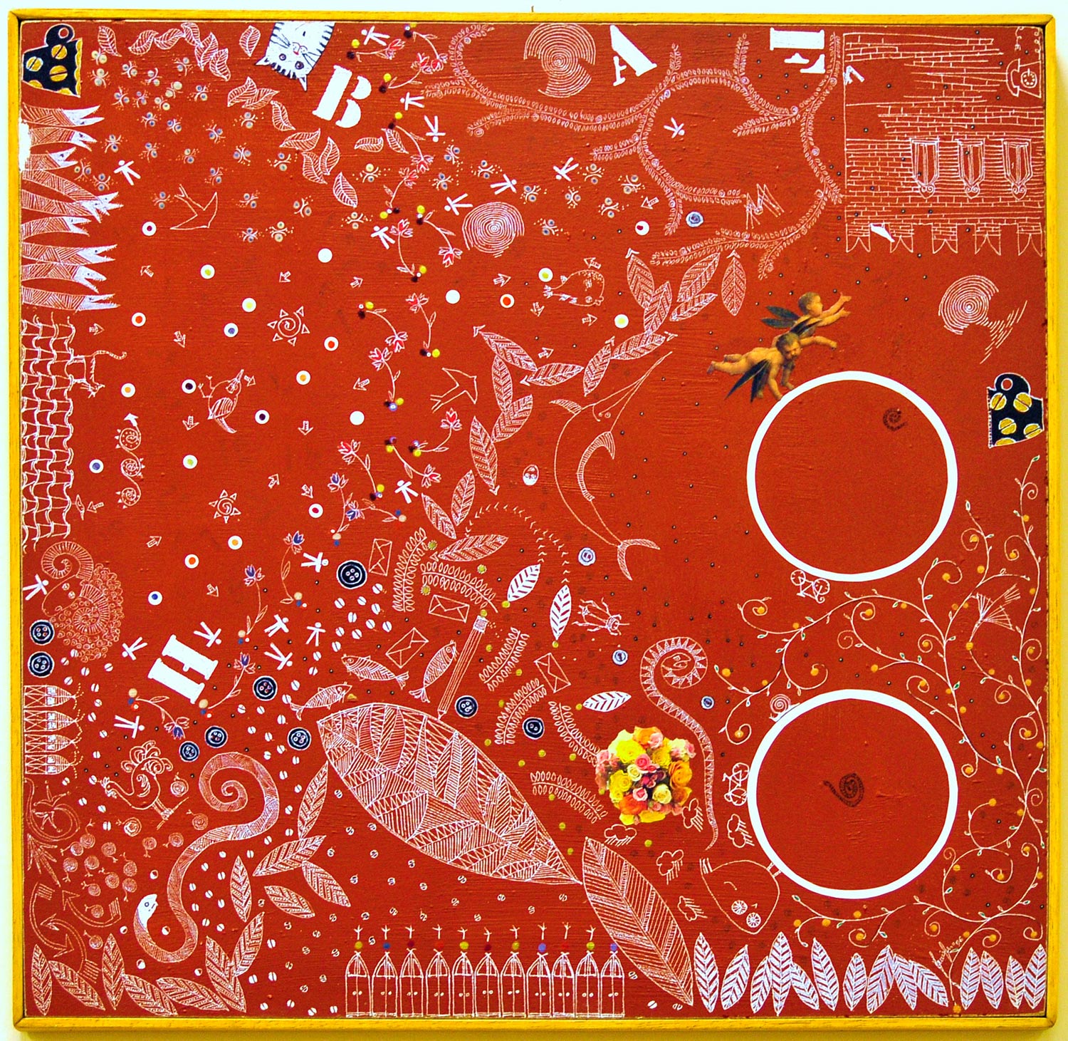 FABULA CON BOUQUET olioacrilico collage smalto 47 x 46 (2006)